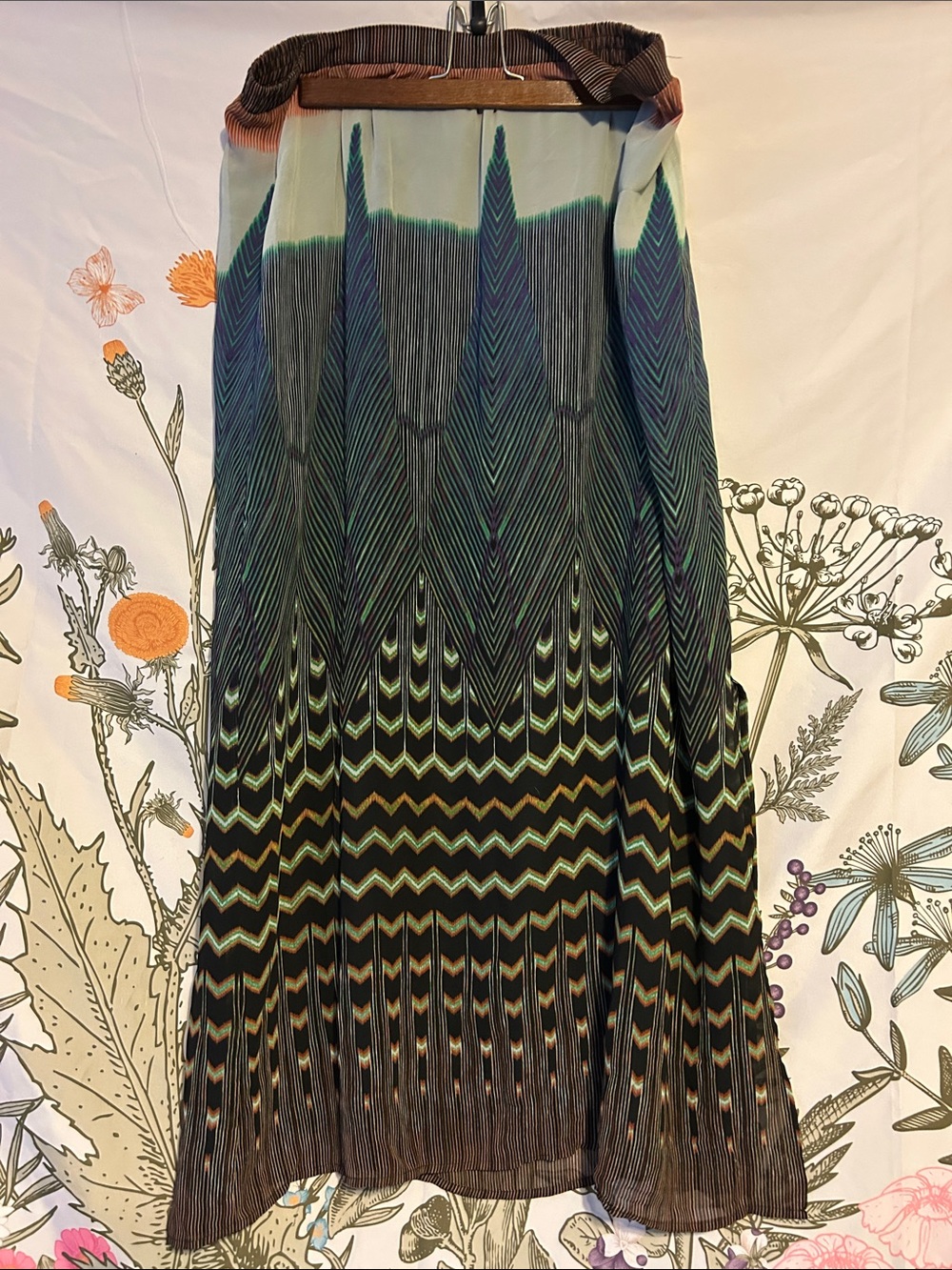 Maeve Printed Pleated Maxi Skirt in Black, Green & Teal